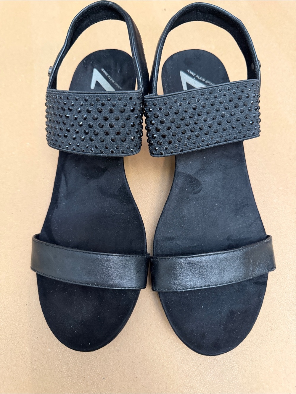 Anne Klein Sport Women’s Black Wedge Sandals with Studded Strap